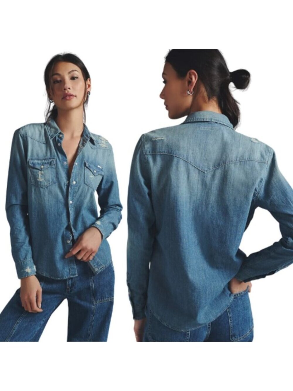 NEW Mother All My Ex's Distressed Snap Denim Shirt Jacket Blue Wash Size: Large